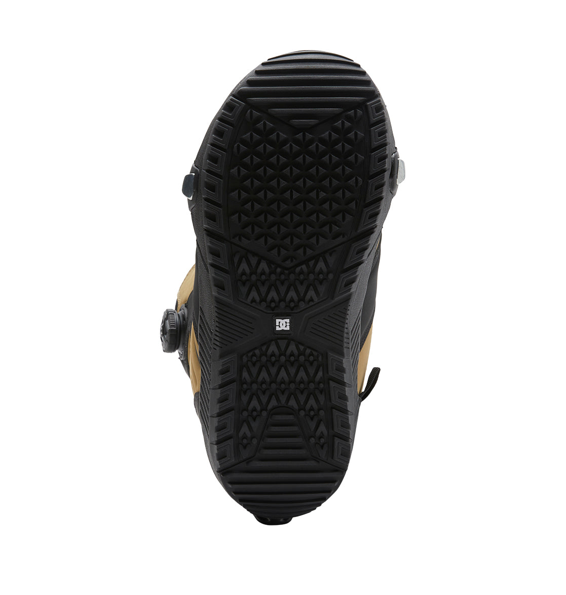 Sole view of a black and tan Men’s Judge Step On® Snowboard Boot featuring a textured rubber tread pattern and a round BOA Fit System dial on the side. The DC Shoes logo appears in the center of the sole, emphasizing key details from the DC Shoes Judge Step On® collection.