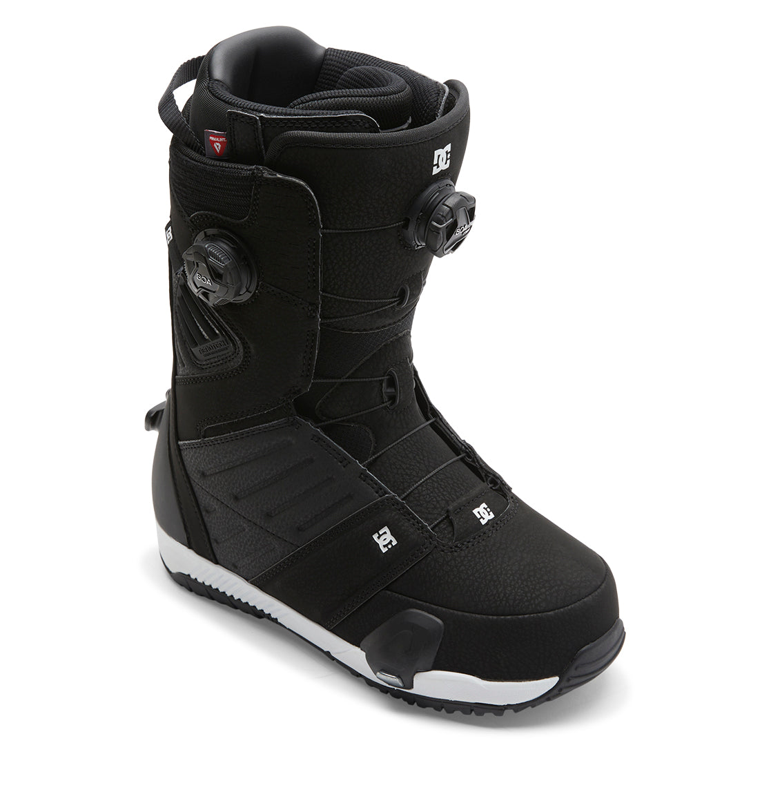 A single Men’s Judge Step On® snowboard boot from DC Shoes in black, featuring a textured surface with prominent DC branding and the advanced Dual Zone BOA Fit System for precise adjustment. The boot’s sole is white and black with a rugged tread, while padded sections provide enhanced comfort and support.