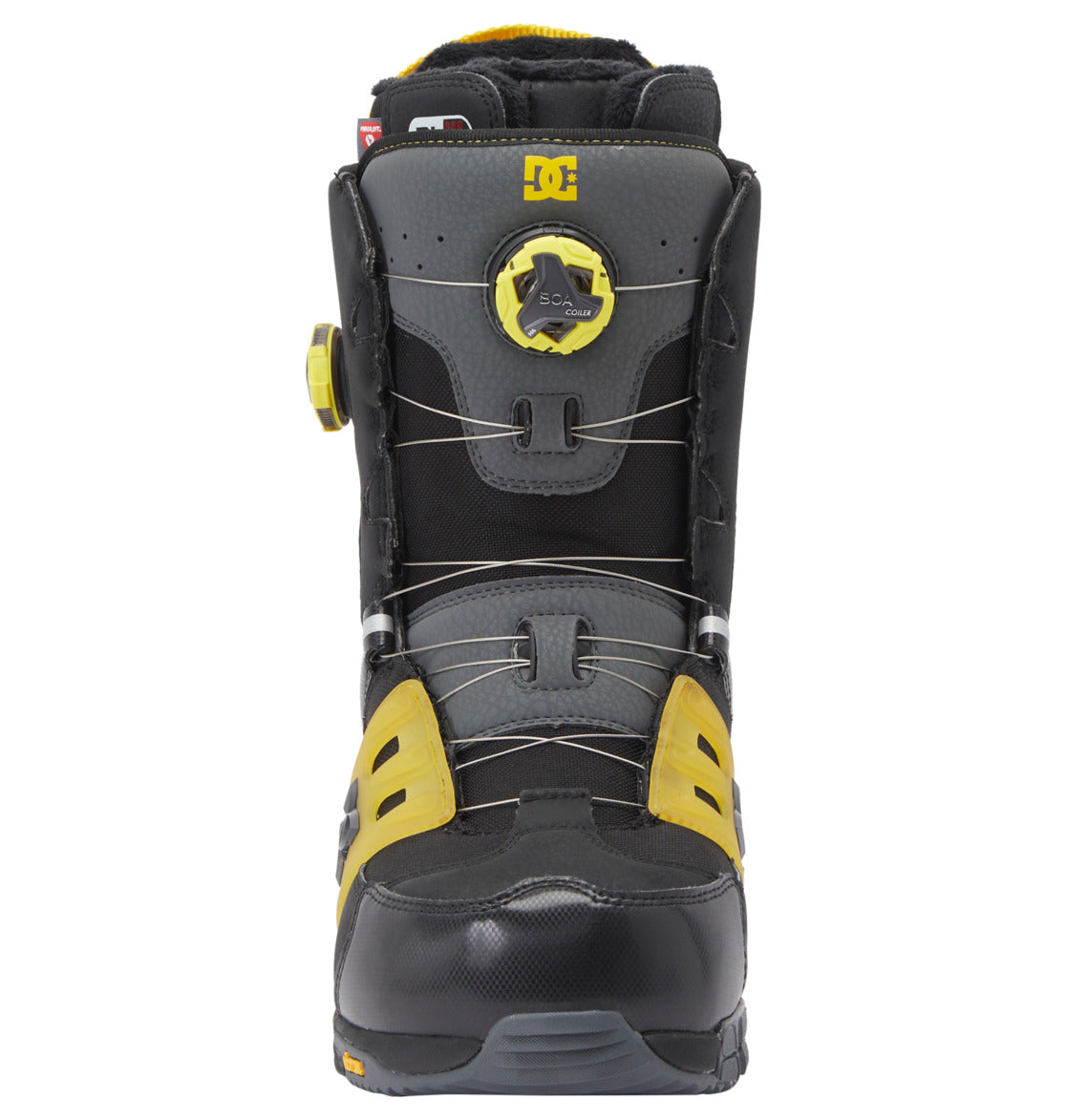 Front view of the Men’s Phantom BOA® Snowboard Boots by DC Shoes in black, gray, and yellow, showcasing the DC Shoes logo near the top. These boots are designed with a round BOA® Fit System tightening dial and exposed wire lacing on the front and side. Featuring PrimaLoft insulation for enhanced warmth, they are ideal for enduring cold mountain conditions.