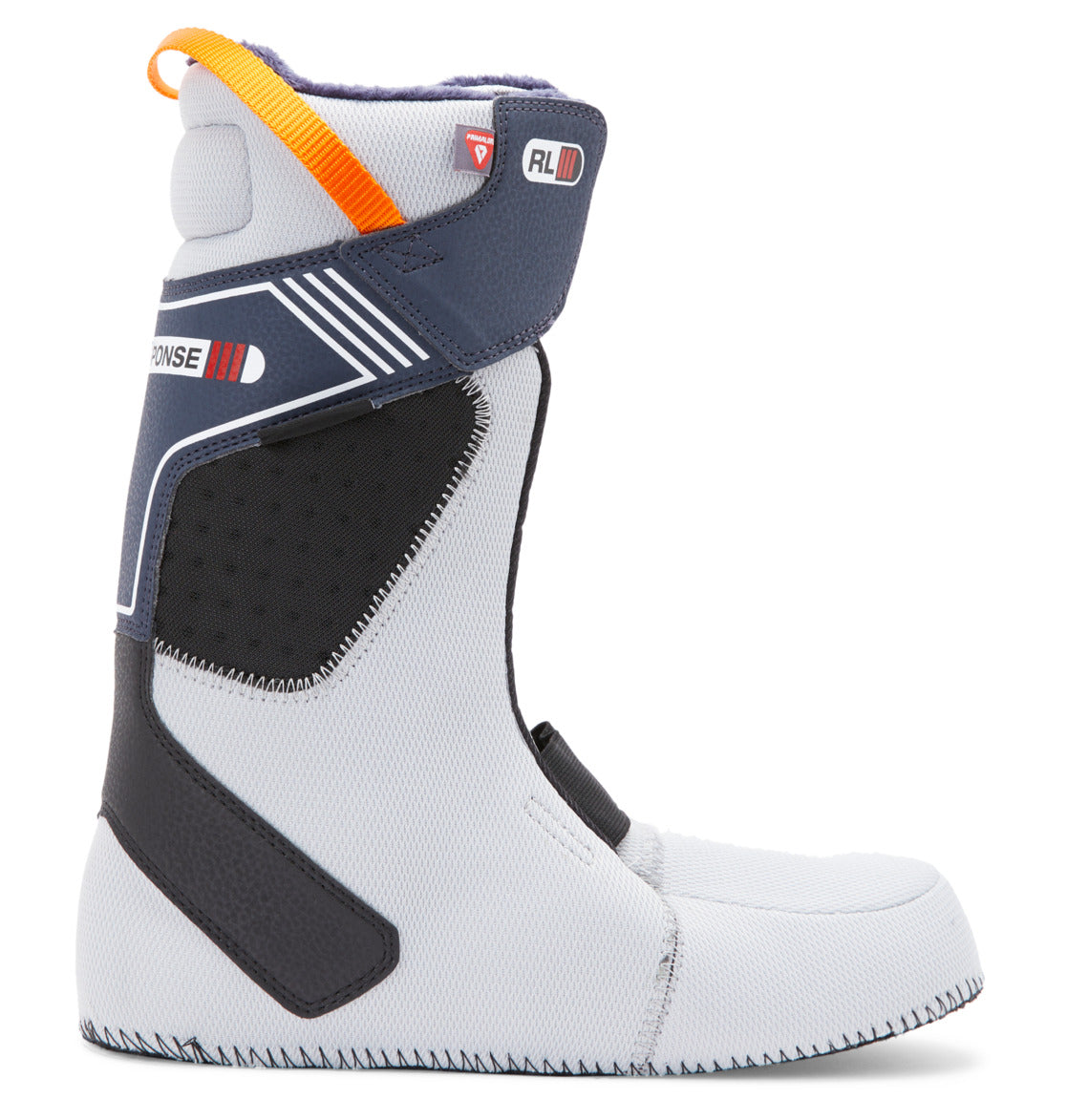 A profile view of the DC Shoes Men’s Phantom BOA® Snowboard Boots is shown against a white background, highlighting the gray and black padded liner with blue and orange accents and equipped with PrimaLoft insulation for superior warmth.