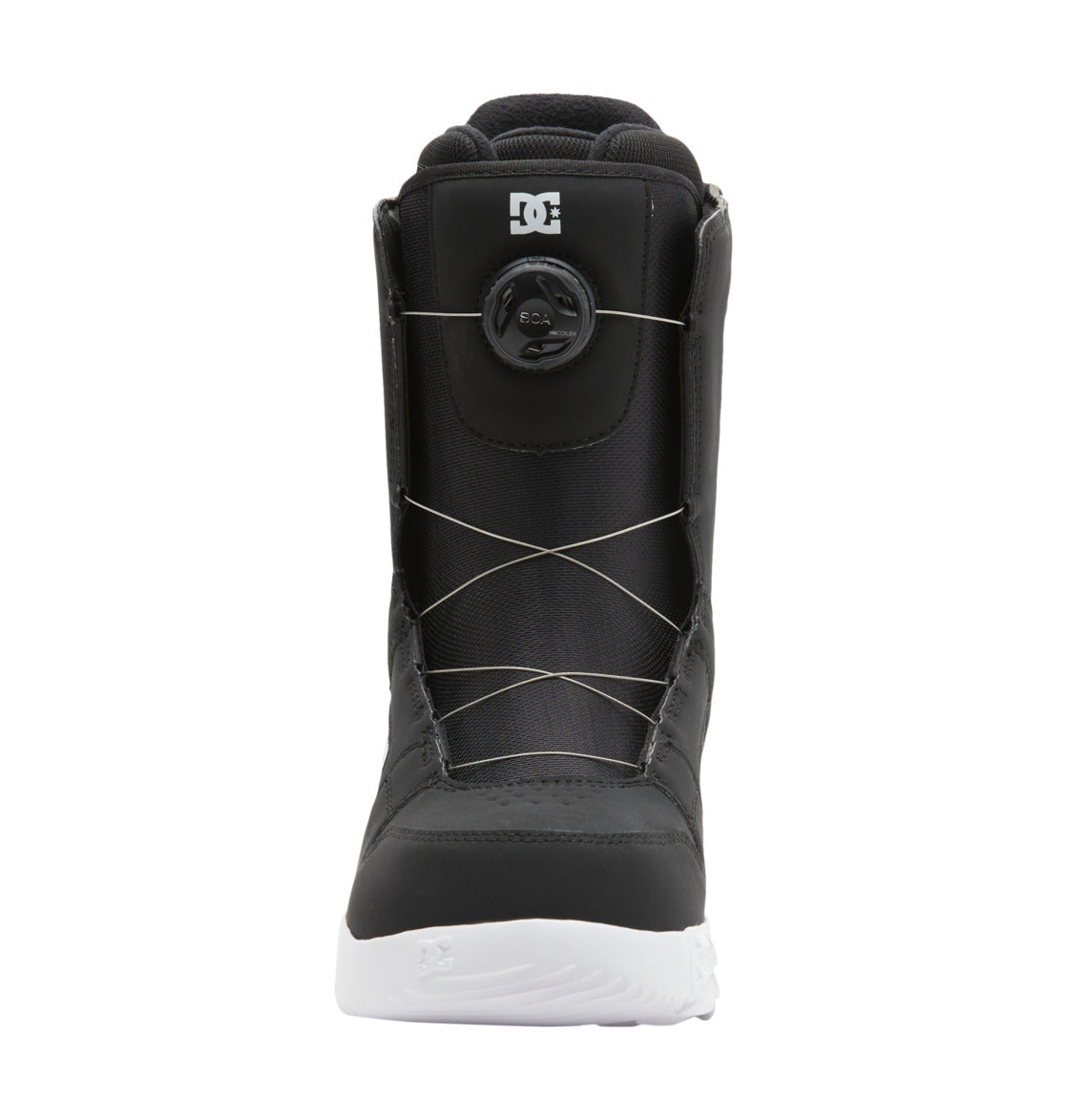Front view of the Men’s Phase BOA® Snowboard Boot by DC Shoes, featuring a black upper with a white sole. The boot has silver laces crisscrossing up the front and is equipped with a round BOA® Fit System tightening dial near the top, just below a small DC logo. Engineered for comfort and performance, it includes IMPACT-ALG™ insoles for superior cushioning on the slopes.