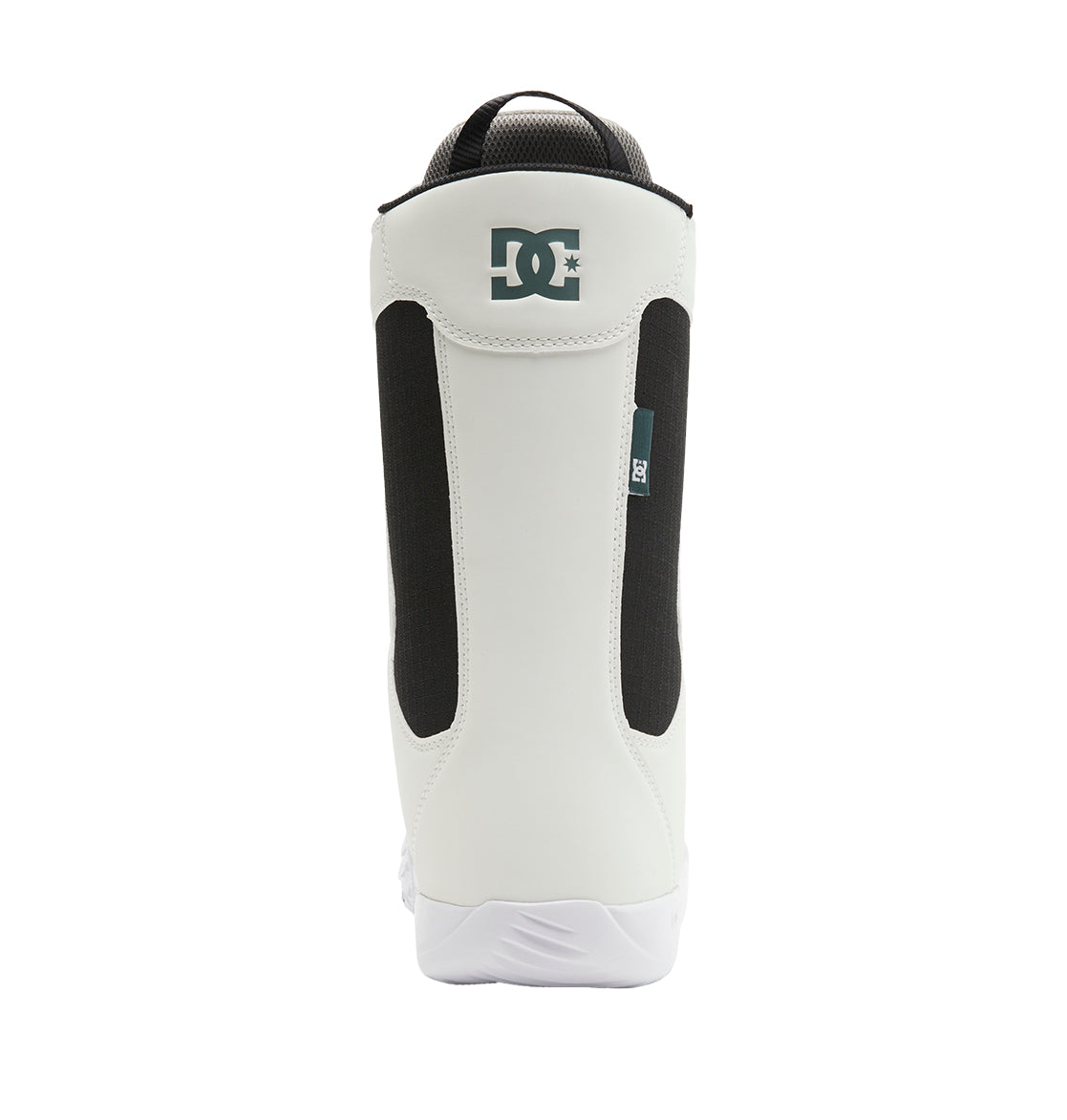 A rear view of the DC Shoes Men’s Phase BOA® Snowboard Boots in black and white, showcasing a prominent DC logo at the top, a convenient pull tab, and sleek, streamlined design lines.