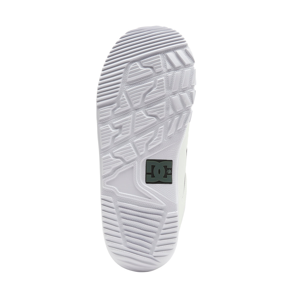 White sneaker outsole with geometric tread patterns and a black DC Shoes logo near the heel area, as seen from directly below—a design inspired by the traction on DC Shoes Men’s Phase BOA® Snowboard Boots, which feature innovative technologies like the BOA Fit System.