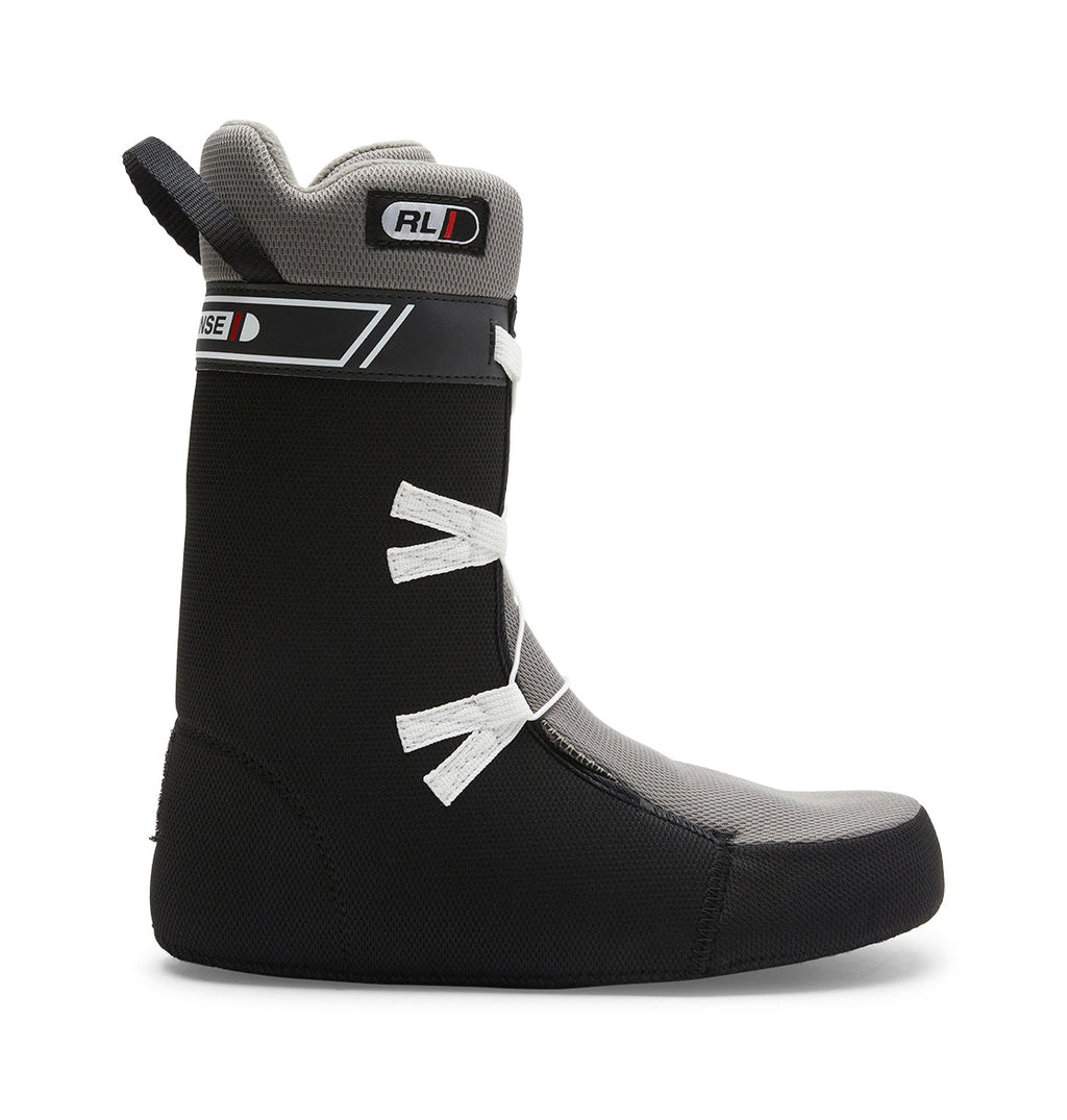 Black and gray DC Shoes Men’s Phase BOA® snowboard boot liner featuring white laces, a rear pull tab, and branded patches on the upper section—designed as part of the DC Shoes Phase BOA® snowboard boot collection—displayed against a plain white background.