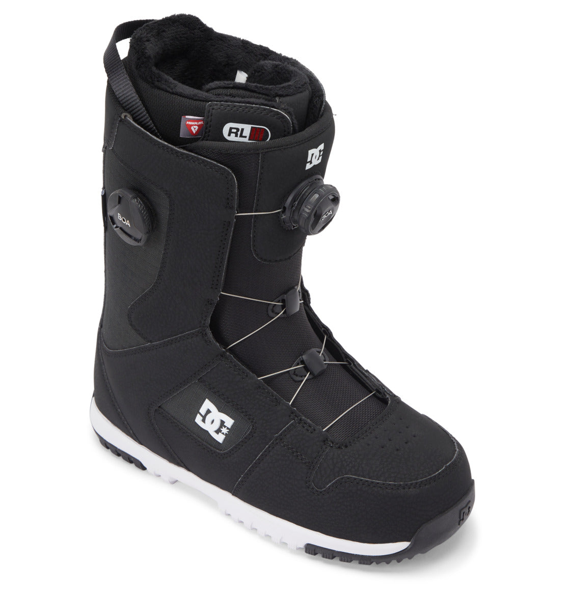 A single black Men’s Phase Pro BOA® Snowboard Boot by DC Shoes features a white sole, a BOA dial lacing system, the DC logo on the side, and padded interior lining for comfort and support. Enhanced with PrimaLoft insulation, this boot is designed to keep your feet warm and dry in any conditions.