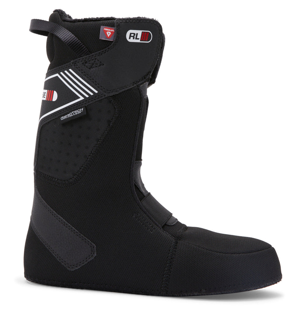 Black snowboard boot liner with reinforced stitching, textured panels, and Velcro straps. Featuring small red and white DC Shoes logo patches near the top, this liner is crafted with PrimaLoft insulation for enhanced warmth. Its sleek, ergonomic design delivers superior ankle and foot support—perfect for your DC Shoes Men’s Phase Pro BOA® Snowboard Boots.