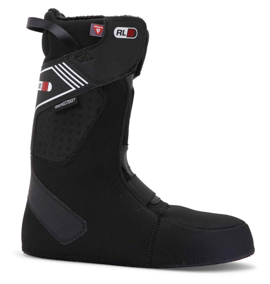 Black snowboard boot liner with reinforced stitching, textured panels, and Velcro straps. Featuring small red and white DC Shoes logo patches near the top, this liner is crafted with PrimaLoft insulation for enhanced warmth. Its sleek, ergonomic design delivers superior ankle and foot support—perfect for your DC Shoes Men’s Phase Pro BOA® Snowboard Boots.