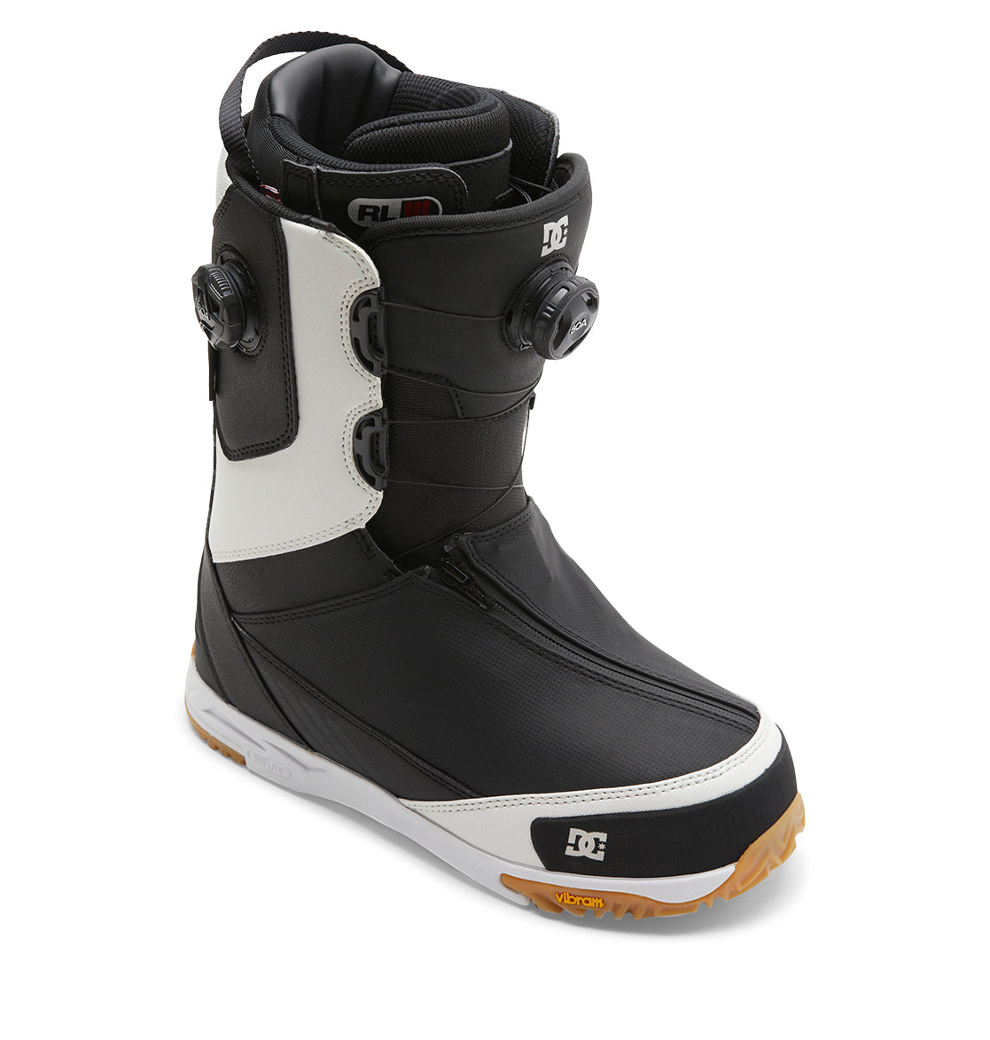 The DC Shoes Men’s Transcend BOA® Snowboard Boots are black and white all-mountain boots with a brown sole, featuring two adjustable BOA Fit System dials on the side and a front zipper, designed specifically for snowboarding.