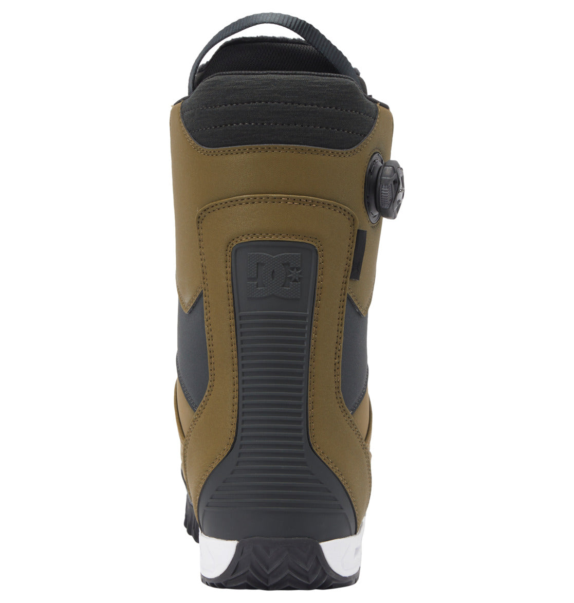 Back view of the DC Shoes Men’s Transcend BOA® Snowboard Boot in brown and black, featuring a textured Vibram outsole, heel pull loop, side-mounted BOA® adjustment dial, and an embossed DC Shoes logo on the heel.