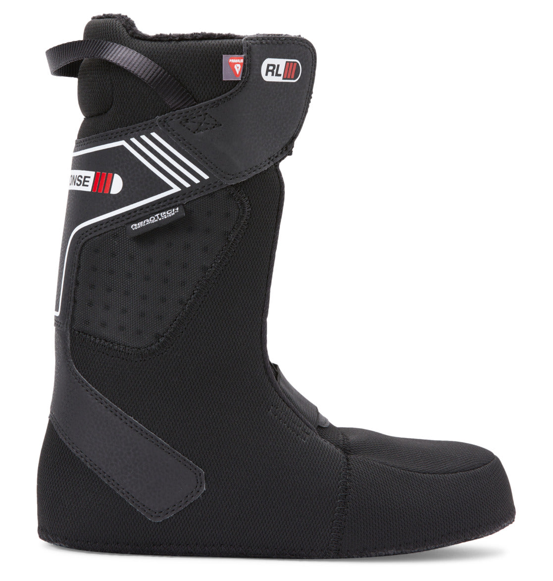 The Men’s Transcend BOA® Snowboard Boots by DC Shoes are shown from the side against a plain white background, featuring a black boot liner with white graphic accents and red logo details, designed for all-mountain performance.