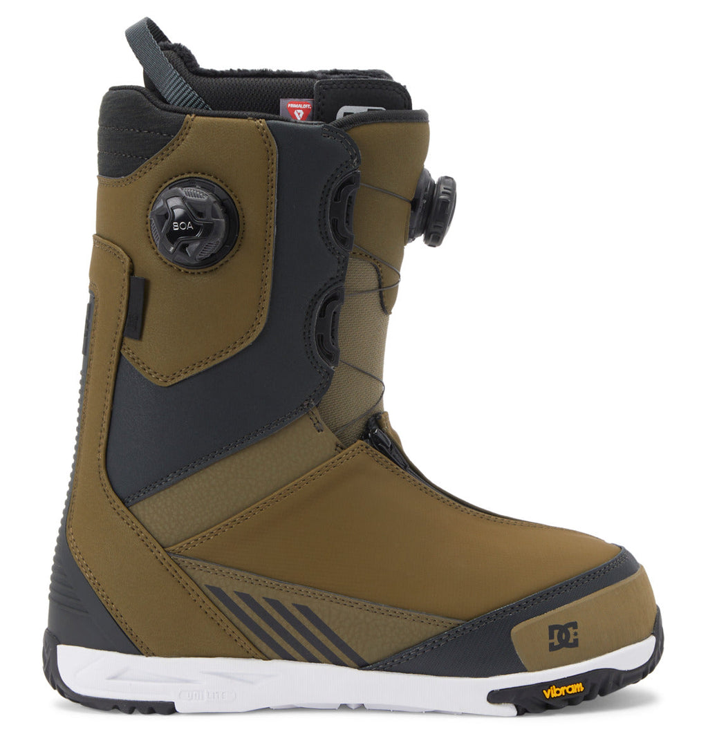 A single Men’s Transcend BOA® Snowboard Boot by DC Shoes, shown in olive green and black with a BOA lacing system, rugged Vibram outsole for all-mountain performance, and visible DC Shoes and Vibram logos, viewed from the side on a white background.