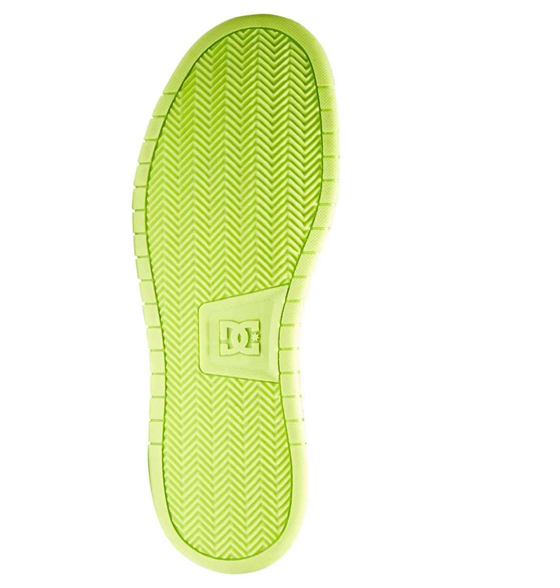 A vibrant yellow-green sole with a herringbone tread pattern and a raised DC Shoes logo in the center—designed specifically for the Men’s Gaveler Shoes by DC Shoes or other chunky sneaker styles. The durable leather shoe’s sole is displayed against a white background.