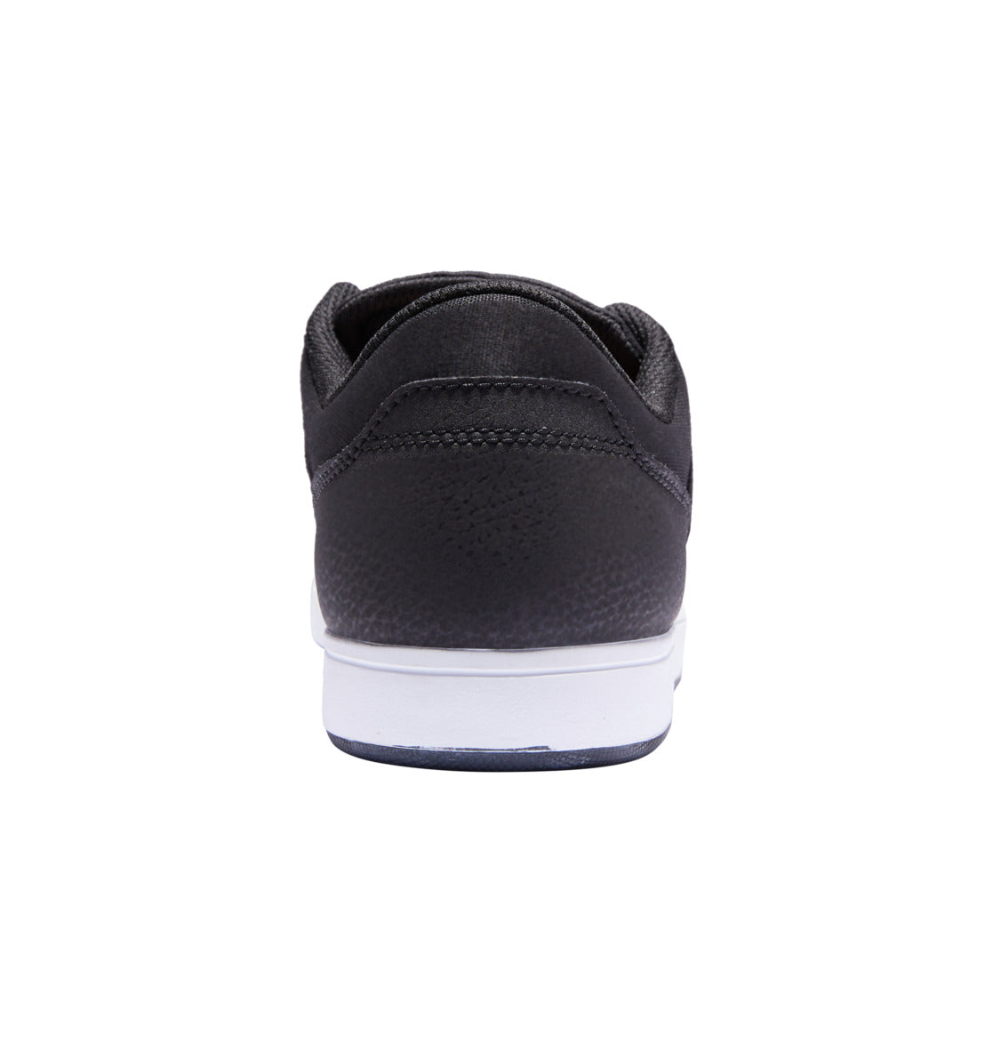 The DC Shoes Men’s Crisis 2 Shoe is shown from the back, highlighting its textured heel, black upper material, and durable white performance cup sole for enhanced grip—all set against a plain white background. This affordable skate shoe offers a modern aesthetic that seamlessly combines comfort with on-board performance.