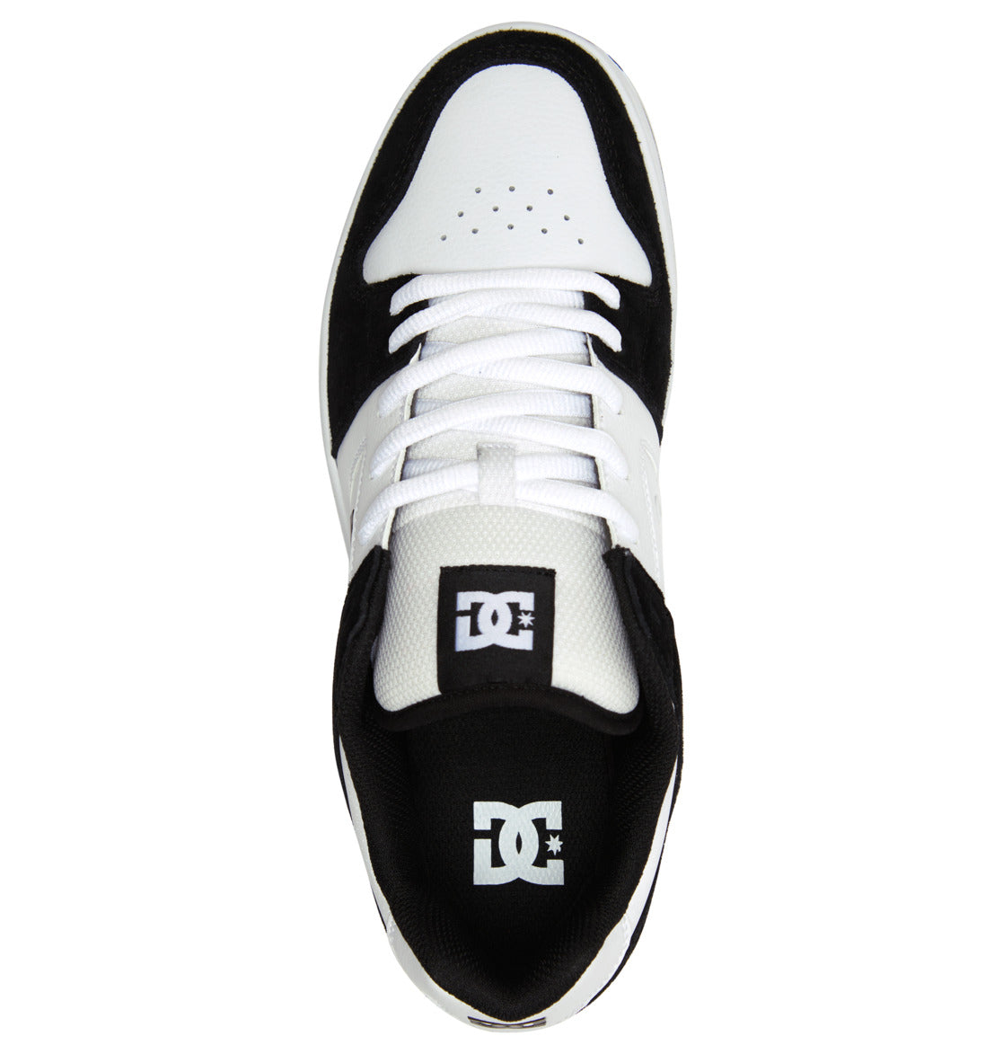 Top view of the Men’s Manteca 4 Shoes by DC Shoes in black and white, featuring white laces, a perforated white toe, and DC Shoes branding on the black tongue and insole—engineered for modern comfort.