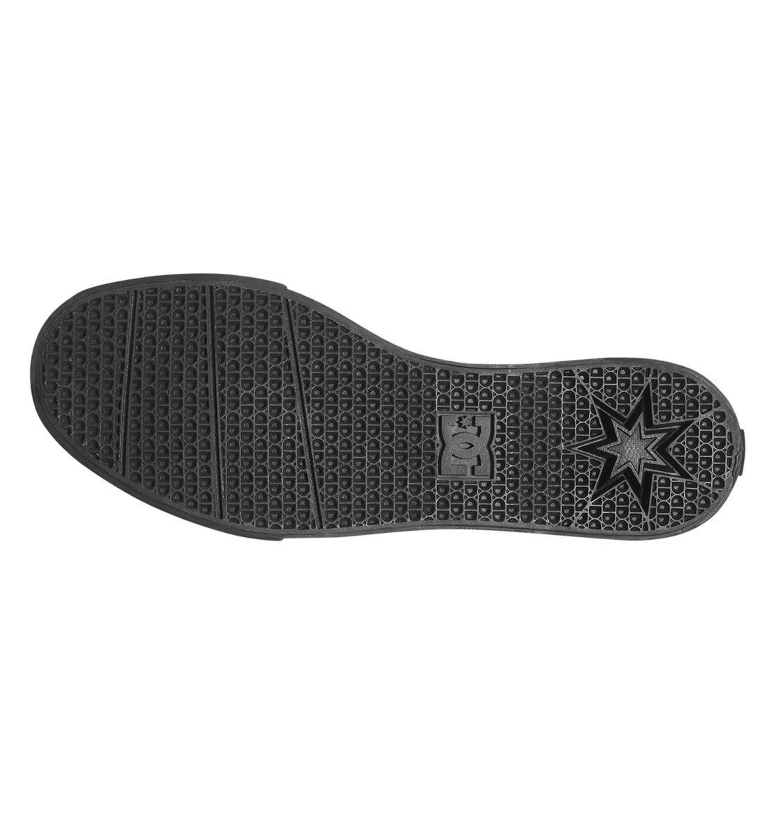A black rubber sole from DC Shoes Men’s Trase Canvas Shoes features a textured hexagonal pattern, a small rectangular logo with a figure, and a prominent star shape near the heel. The low-profile, flat sole is shown from the underside, capturing the classic skate-inspired look that’s characteristic of vulcanized footwear.