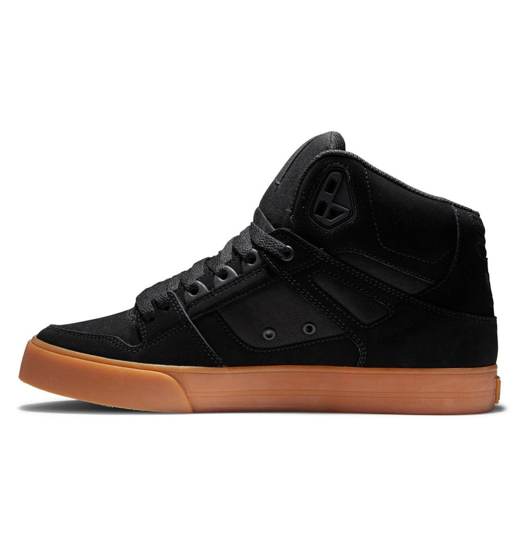A side view of the DC Shoes Men’s Pure High-Top, shown in black with matching laces and a brown rubber sole, highlights its sleek, modern design with subtle paneling and a small ankle logo. As part of the Pure SE Hi-Tops collection, these best-selling sneakers are celebrated for their durable materials and comfortable fit.