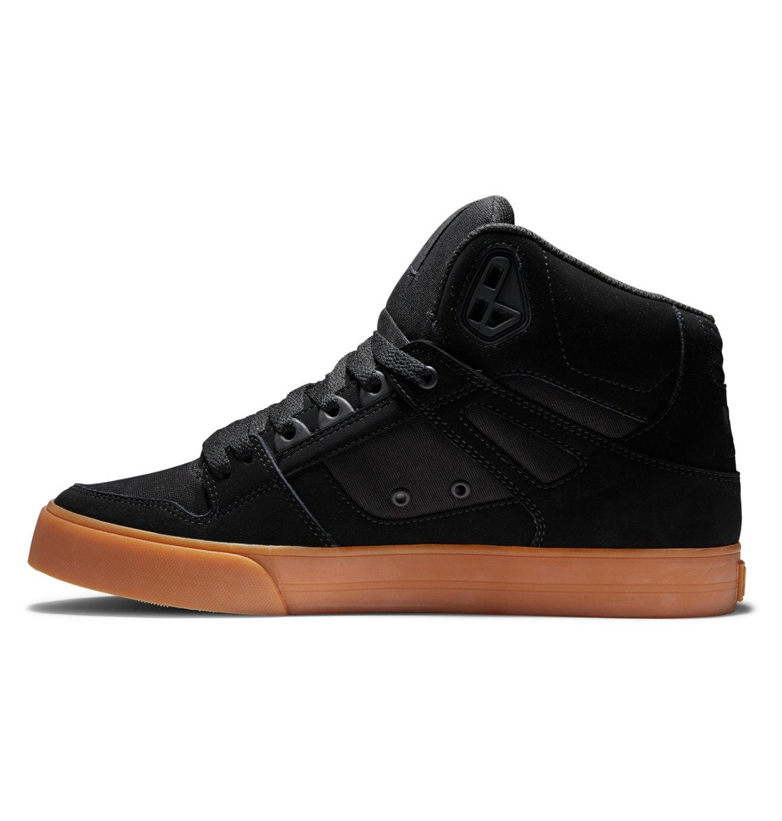 A side view of the DC Shoes Men’s Pure High-Top, shown in black with matching laces and a brown rubber sole, highlights its sleek, modern design with subtle paneling and a small ankle logo. As part of the Pure SE Hi-Tops collection, these best-selling sneakers are celebrated for their durable materials and comfortable fit.