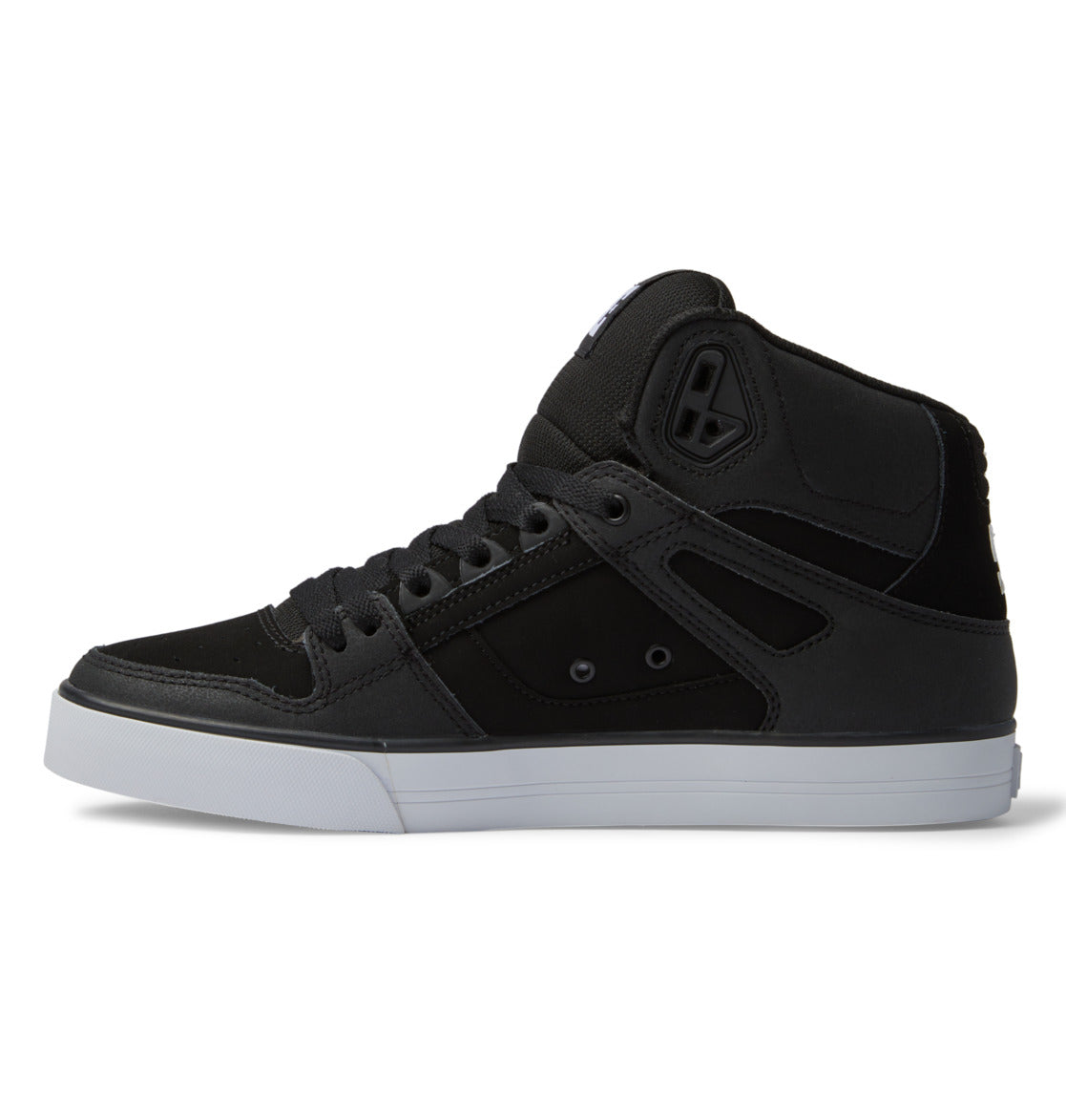 A left-side view of the Men’s Pure High-Top Shoes by DC Shoes, featuring a black special edition design with a white sole, black laces, and subtle side detailing, displayed against a white background.