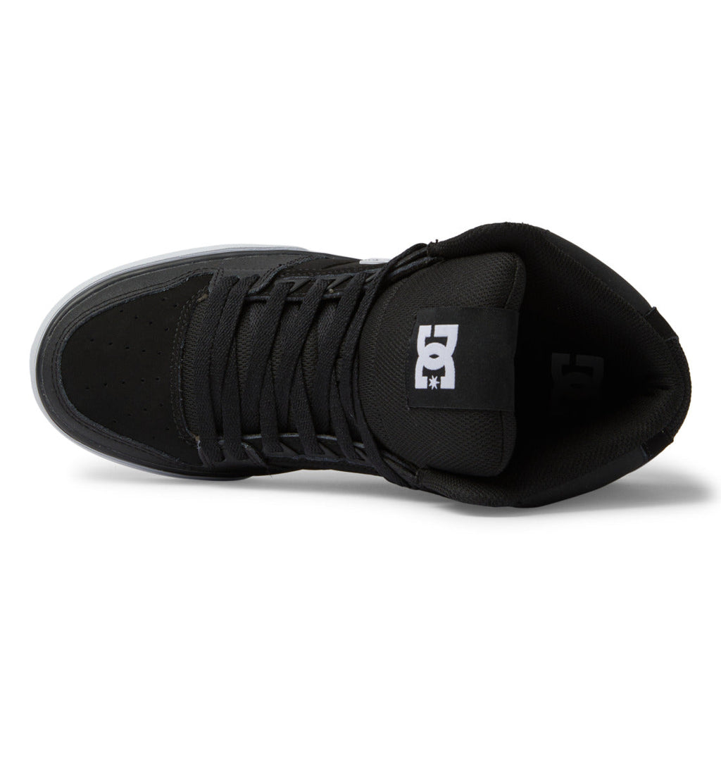 Top view of a black DC Shoes Men’s Pure High-Top sneaker with black laces and a white DC logo on the tongue, displayed against a white background. These durable shoes from DC Shoes provide both style and comfort for everyday wear.