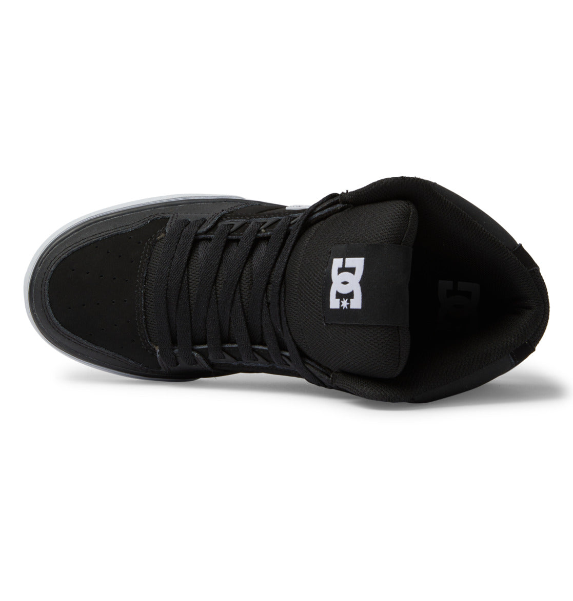 Top view of a black DC Shoes Men’s Pure High-Top sneaker with black laces and a white DC logo on the tongue, displayed against a white background. These durable shoes from DC Shoes provide both style and comfort for everyday wear.
