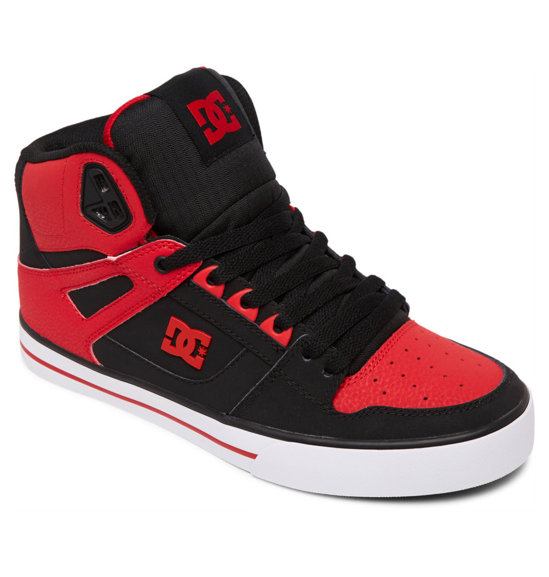 The Men’s Pure High-Top Shoes by DC Shoes are special edition black and red sneakers with white accents, showcasing the iconic DC Shoes logo on both the side and tongue. These hi-tops feature black laces, a white sole highlighted by a red stripe, and are engineered for durability—delivering both standout style and enduring comfort.