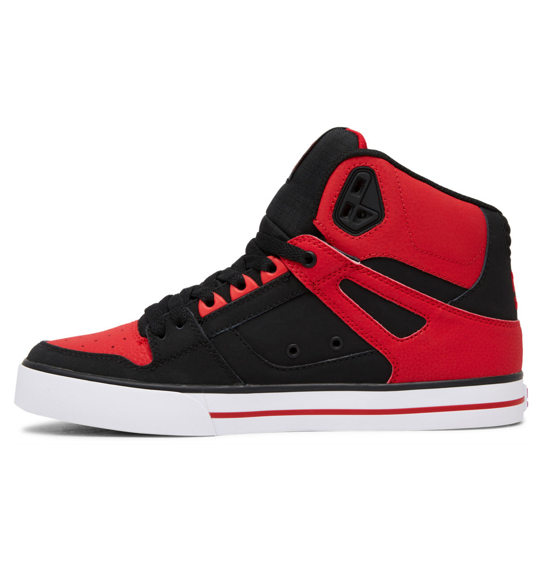 Introducing the DC Shoes Men’s Pure High-Top Shoes—a special edition sneaker in striking red and black with crisp white accents, black laces, and a white sole highlighted by a slim red stripe. Crafted for durability, these high-tops provide exceptional comfort and bold style for those looking to stand out.