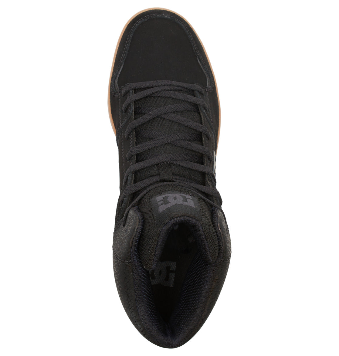 Top view of the Men’s DC Pure High-Top Shoe by DC Shoes in black, featuring black laces, a brown sole, and a faint logo on the tongue. This unworn leather high-top sneaker has padded sides for added comfort.