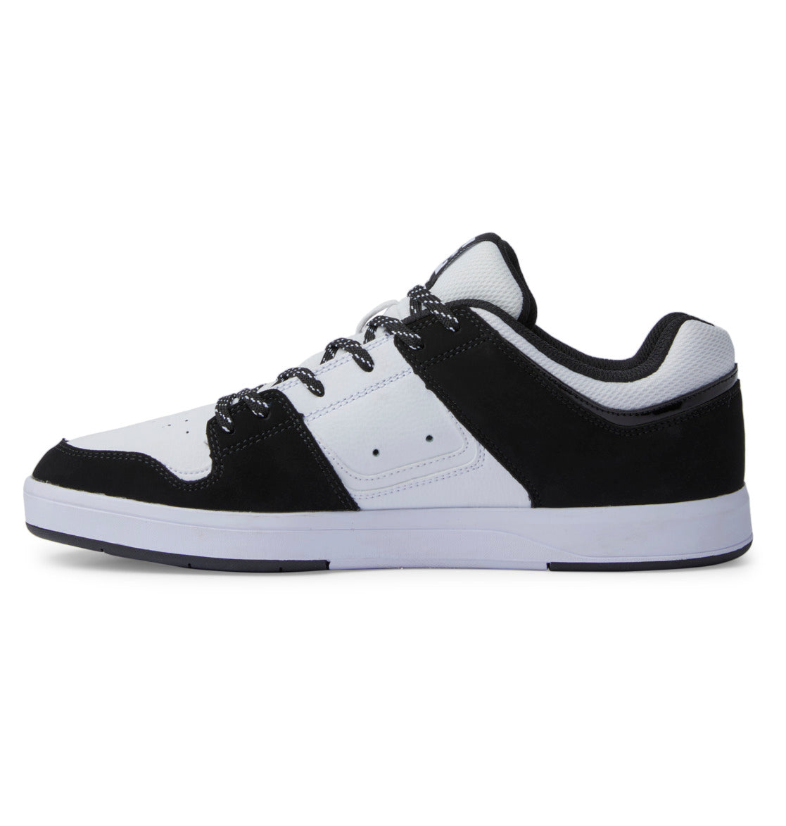 A black and white low-top sneaker from DC Shoes, the men’s DC Cure Shoes feature a durable leather upper with a white side panel accented by small ventilation holes for breathability. The design includes a white sole, black laces, and black detailing around the heel, toe, and lace area—making these classic sneakers perfect for everyday wear.