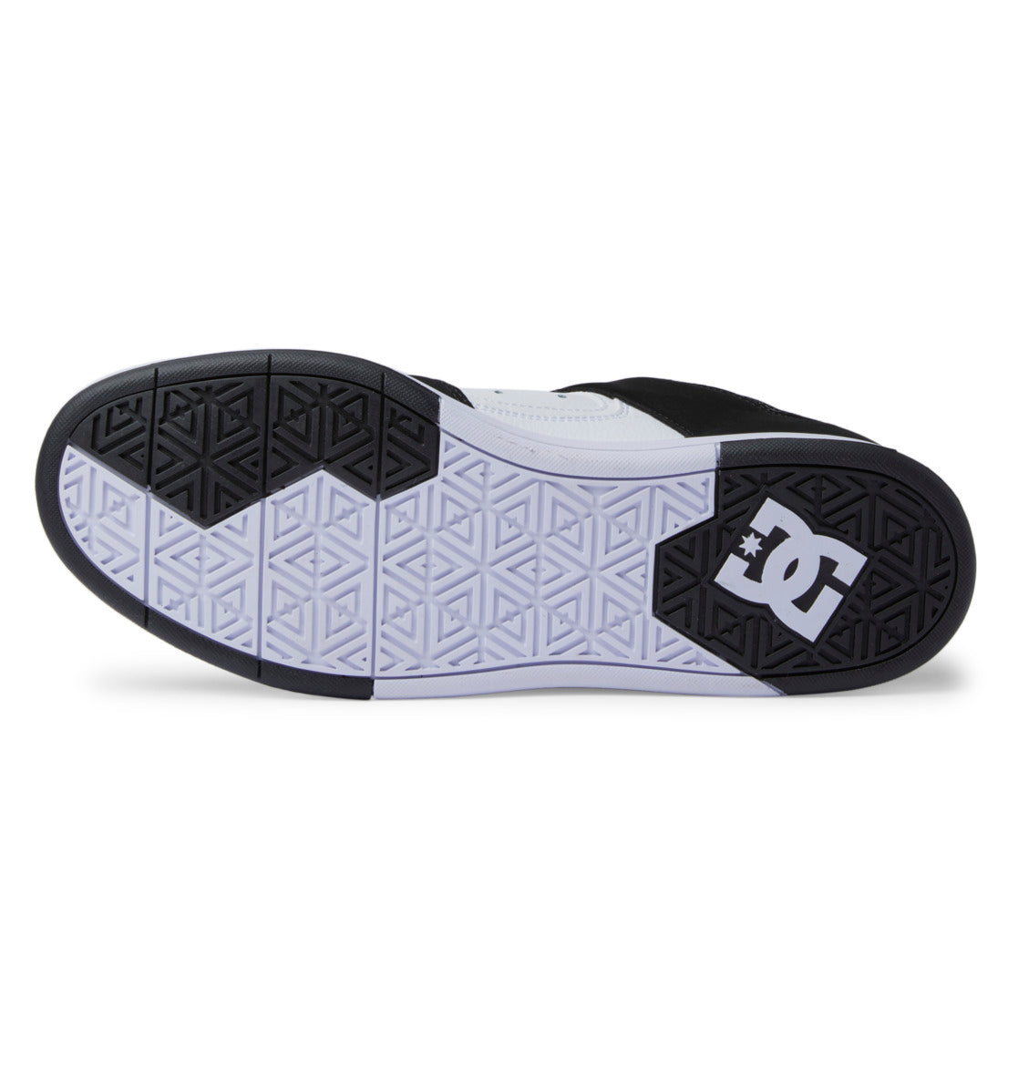 The outsole of the Men’s DC Cure Shoes by DC Shoes is shown from the bottom, featuring a black and white geometric tread pattern with the iconic DC logo near the heel—creating a stylish and durable option for everyday wear.