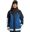 A man wearing the DC Shoes Men’s Defiant Insulated Jacket—crafted from recycled polyester in blue, black, and light blue with Weather Defense 10 technology—stands against a white background with one hand in his pocket, accessorized with a black beanie and ski goggles.