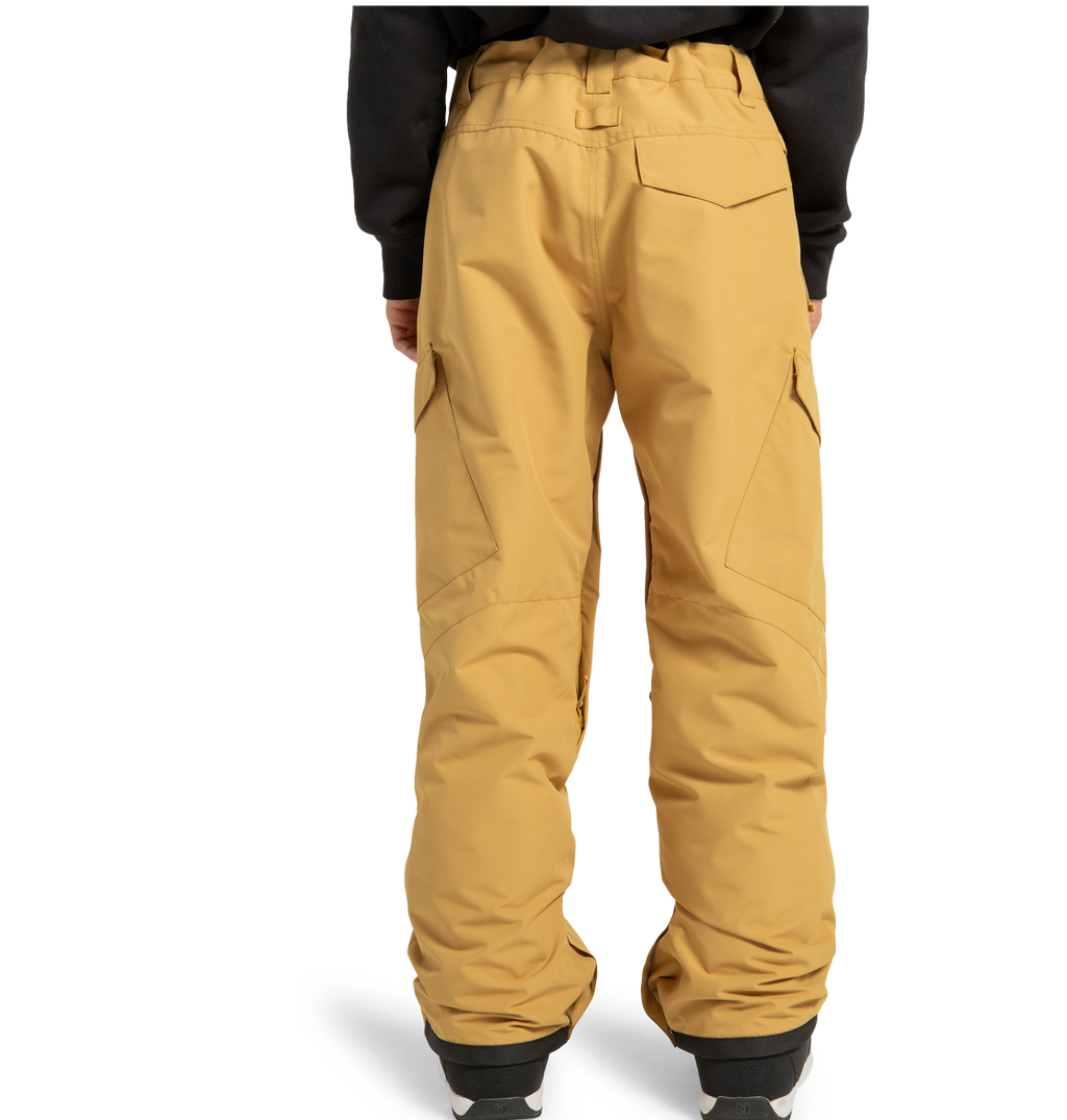 A person is shown from the back, standing against a plain white background with hands by their sides, wearing loose-fitting tan Men’s Banshee Insulated Pants from DC Shoes—crafted from recycled polyester—and a black sweatshirt.