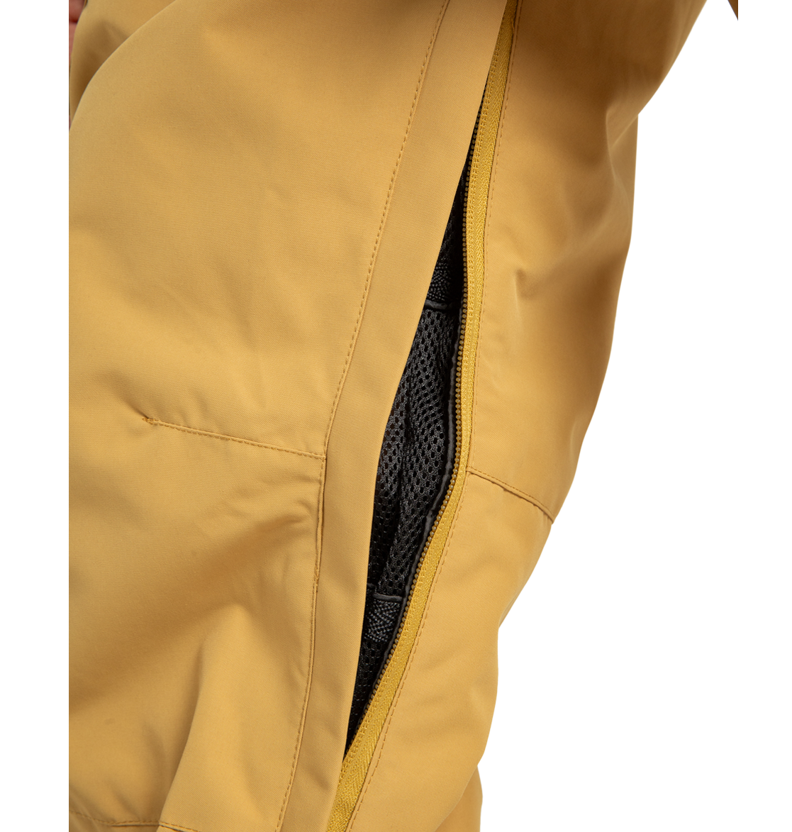 Close-up of DC Shoes Men’s Banshee Insulated Pants in yellow, showing a partially unzipped side vent that reveals black mesh lining made from recycled polyester.