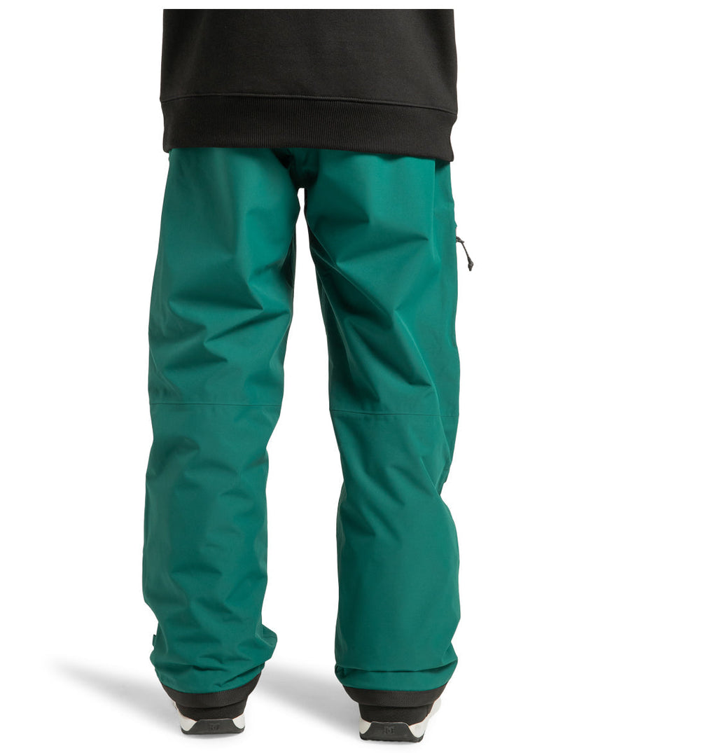 A person is shown from the waist down, facing away from the camera, wearing DC Shoes Men’s Squadron 30K Insulated Pants in teal green with a black top.