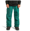 A person wears the DC Shoes Men’s Squadron 30K Insulated Pants in teal-green, paired with a black sweatshirt and black shoes. The snow pants feature zippered pockets, and the individual stands against a plain white background with hands relaxed by their sides.