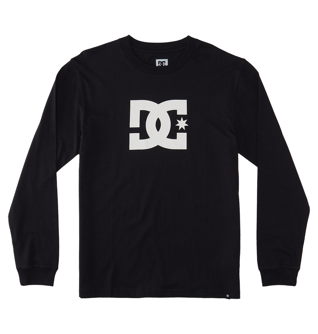 The Men's DC Star Tee by DC Shoes is a black long-sleeve graphic shirt with a bold white star logo on the chest, featuring a crew neckline and classic design—ideal for casual wear or skate sessions.