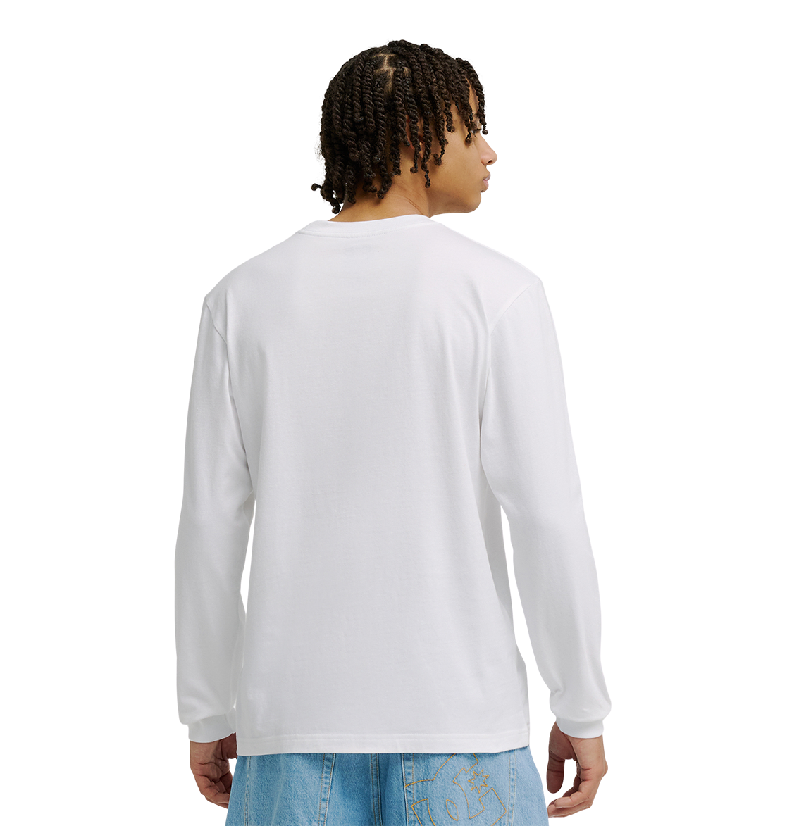 A person with short, curly hair is seen from behind wearing the Men's DC Star Tee by DC Shoes and light blue jeans, standing against a plain white background—perfect for casual skate sessions.