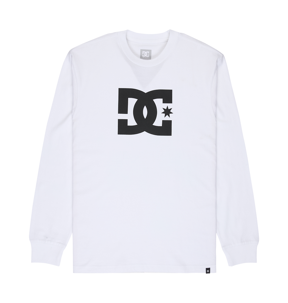 The Men's DC Star Tee by DC Shoes is a white long-sleeve shirt with a bold black DC Shoes logo and star on the chest, ideal for skate sessions or showcasing iconic DC style.