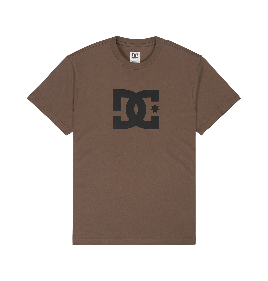 The Men's DC Star Tee by DC Shoes is a brown short-sleeve graphic skate shirt featuring a large black DC Shoes star logo at the chest. The relaxed fit tee is displayed flat on a plain white background.