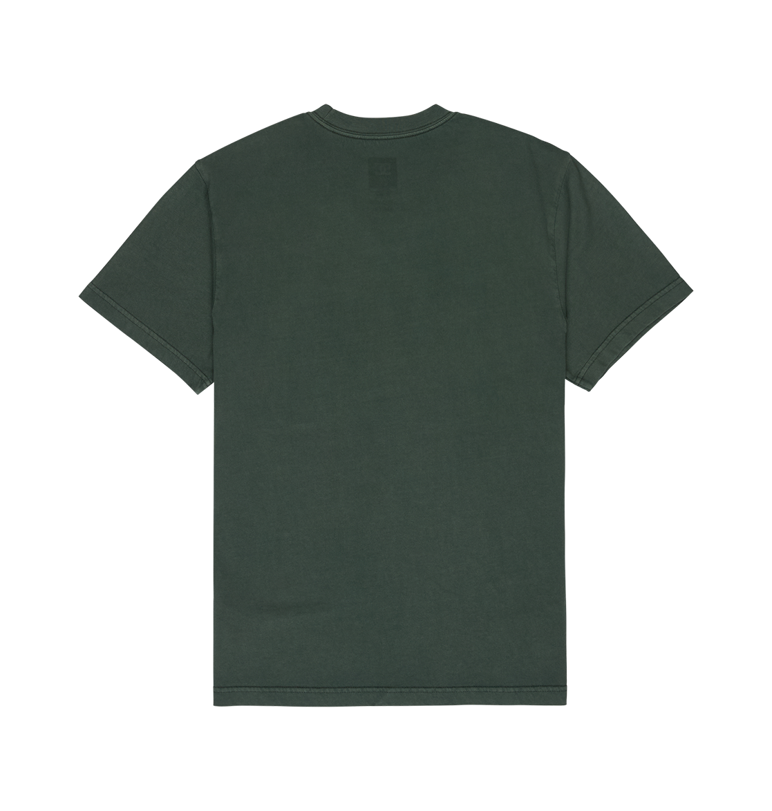 A men's DC Shoes Star Pigment Dye Tee in dark green is displayed flat with the back side visible against a white background, ideal for those who appreciate the relaxed fit of a classic graphic skate tee.