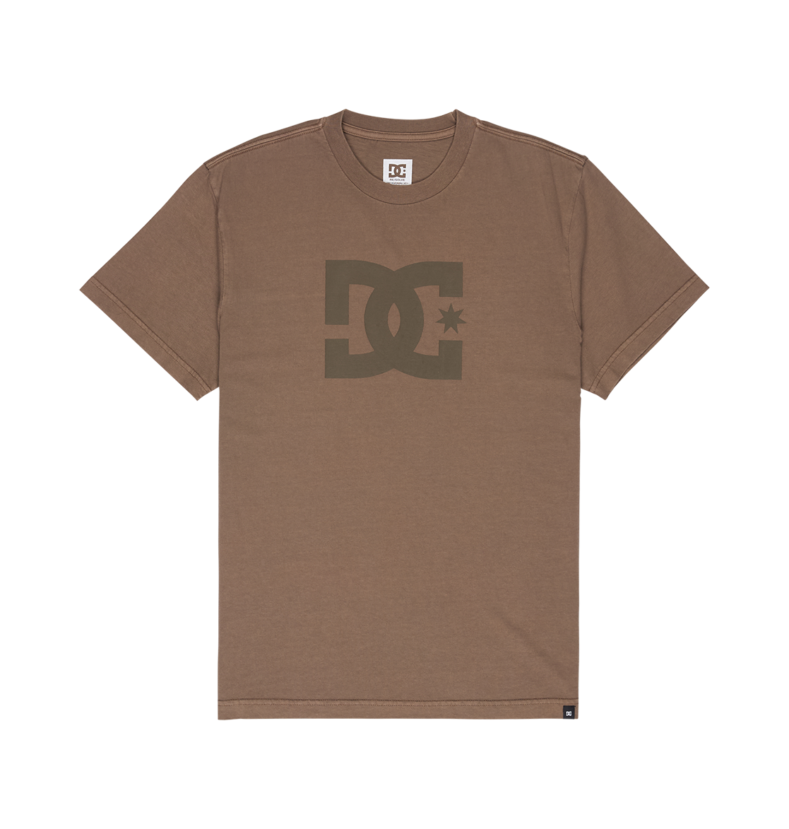 Men's DC Star Pigment Dye Tee by DC Shoes in brown, featuring short sleeves, a prominent dark brown DC Shoes logo and signature DC artwork on the chest, displayed against a plain white background.