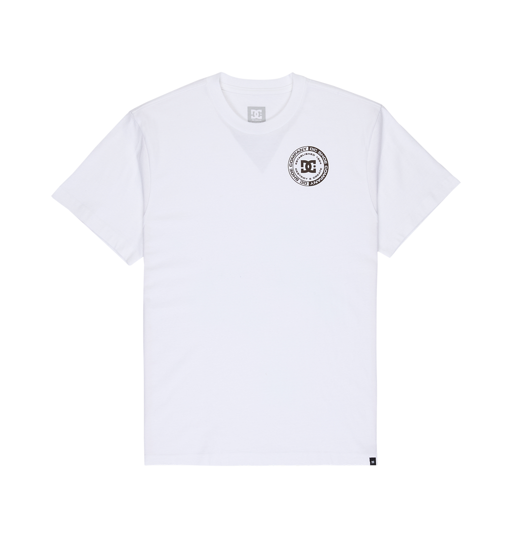 The Men's DC Corpo Tee by DC Shoes is a white, short-sleeve, relaxed fit shirt featuring a small black corporate logo with circular text on the left chest. The graphic skate tee is displayed flat on a plain white background.