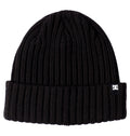 The Fish N Destroy 2 beanie by DC Shoes is a black ribbed knit hat featuring a folded brim and a small black-and-white DC Shoes logo tag on the side, blending classic style with signature brand details.