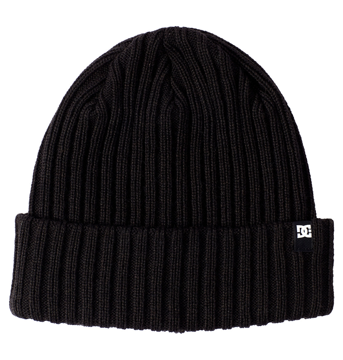 The Fish N Destroy 2 beanie by DC Shoes is a black ribbed knit hat featuring a folded brim and a small black-and-white DC Shoes logo tag on the side, blending classic style with signature brand details.