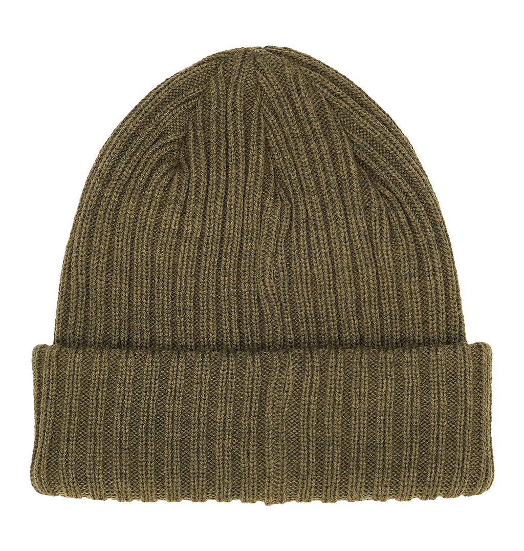 A ribbed olive green DC Shoes Fish N Destroy 2 knit beanie made from recycled fibers, featuring a folded cuff and shown flat on a white background.