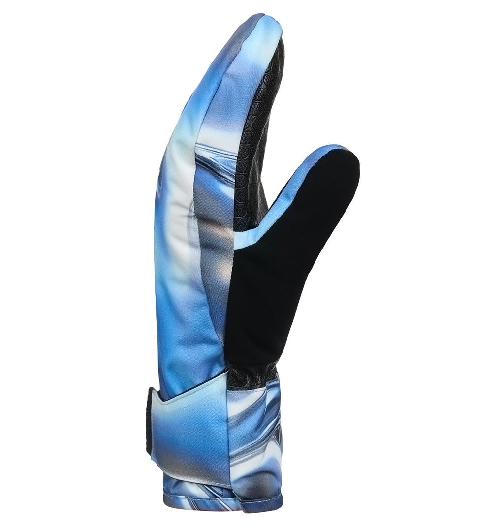 A blue, patterned DC Shoes Franchise Youth Mitten—featuring insulated warmth and a unique lobster-claw-style separate index finger—is displayed upright against a white background.