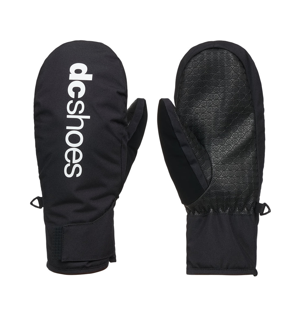 A pair of Franchise Youth Mittens by DC Shoes in black, featuring the brand’s white logo on the back. Designed for insulated warmth, one mitten reveals a grip-textured palm while the other showcases the DC Shoes branding. Both include wrist straps and convenient loops—ideal snow gloves for cold-weather adventures.
