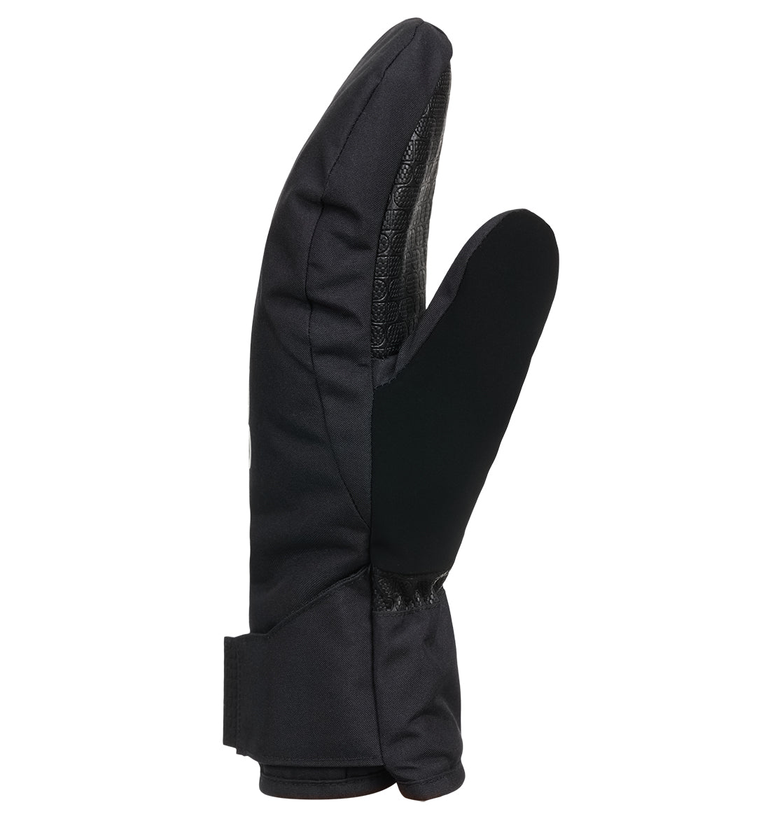 The Franchise Youth Mittens by DC Shoes are displayed upright in black, showcasing a lobster-style split that separates the thumb and index finger from the rest. Designed for insulated warmth, these mittens include a textured palm and an adjustable wrist strap for a secure fit.