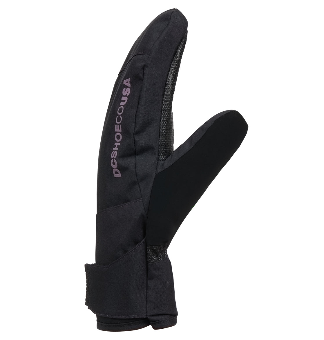 Introducing the Franchise Mitts W 10K from DC Shoes—a black split-finger glove, featuring DCSHOECOUSA printed in purple along the side, shown from the left with the thumb distinct from the other fingers. These mitts deliver insulated warmth and reliable weather protection, making them perfect snow gloves.
