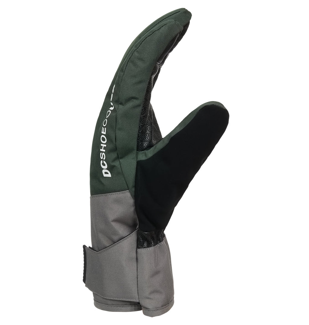 The DC Shoes Franchise Gloves 10K are three-fingered snow gloves in green, black, and gray with “DCSHOECOUSA” printed on the side, designed for insulated warmth and displayed upright against a white background.