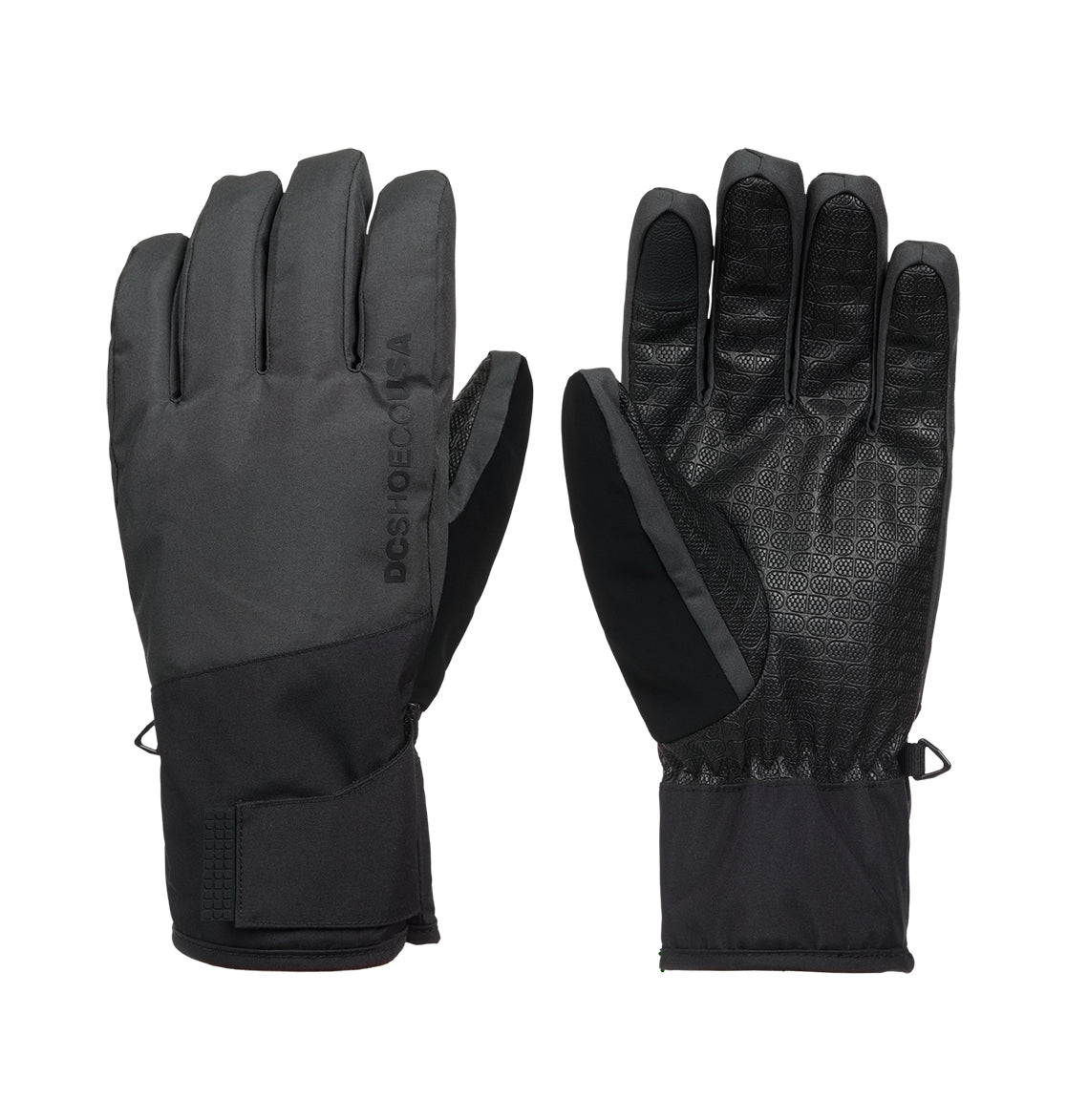 The DC Shoes Franchise Gloves 10K are pictured front and back on a white background. One glove reveals the textured palm grip, while the other showcases the smooth outer fabric and an adjustable wrist strap. Designed as snow gloves, they provide insulated warmth to keep your hands comfortable during cold weather activities.